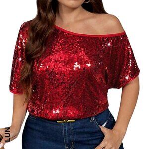 Emery Rose NWT Red Sequined Slouchy One Shoulder Top Size L